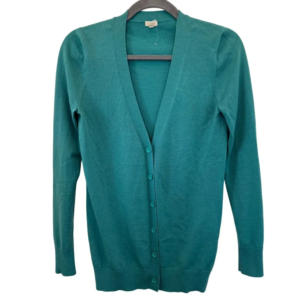 J. Crew XS Cardigan Sweater‎ 100% Merino Wool Teal Green Classic Knitwear Flaw